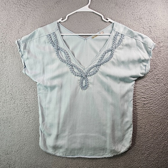 Holding Horses Denim Top Blouse Women Medium Short Sleeve Light Blue - Picture 1 of 8